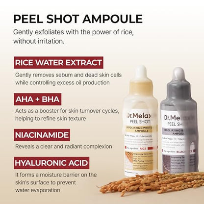 Dr. Melaxin Peel Shot Skin-Revitalising Range | Body Mist + Rice Extract Ampoule Dual-Action Set | Targets goose bumps, dullness and blackheads | Korean skincare